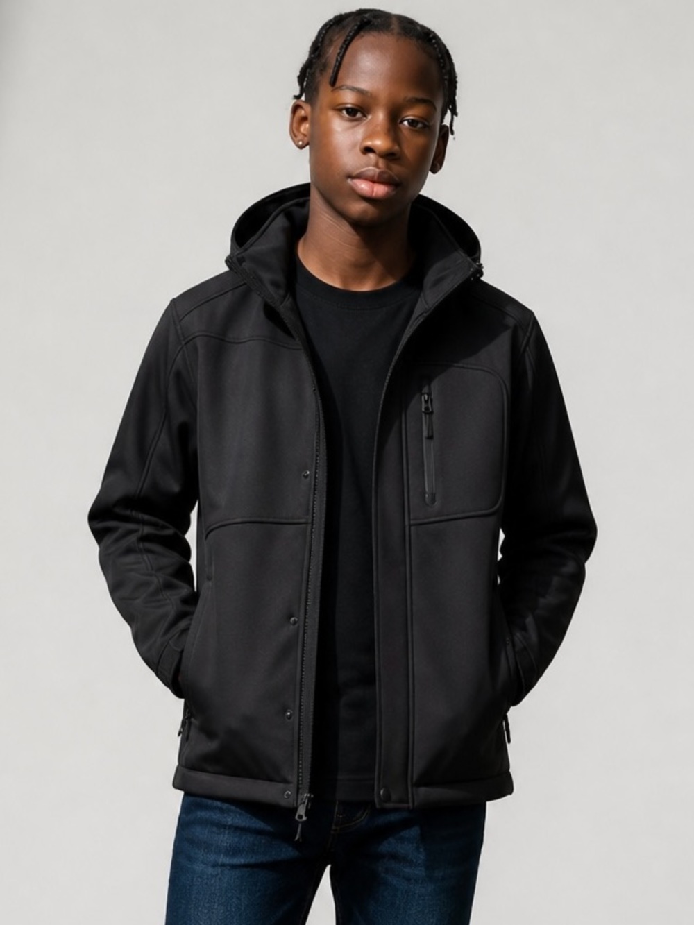 SNOZU PERFORMANCE Boys Black Hooded Softshell Jacket 2 in 1 Detachable NWOT